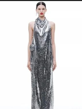 Silver Sequin Halter Gown - Elegant Evening Dress